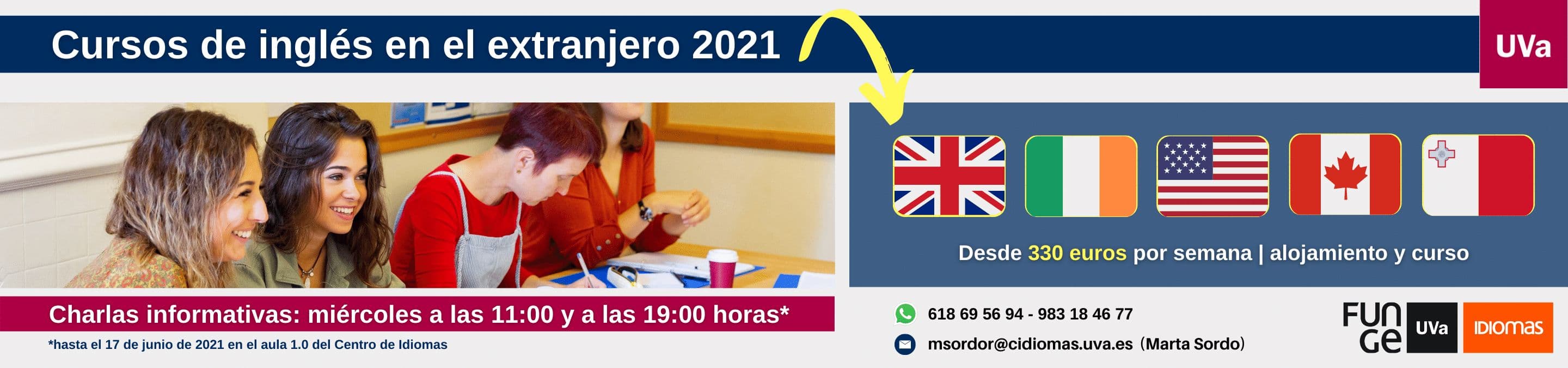 Banner cursos de ingles en el extranjero Centro de Idiomas Universidad de Valladolid 2021